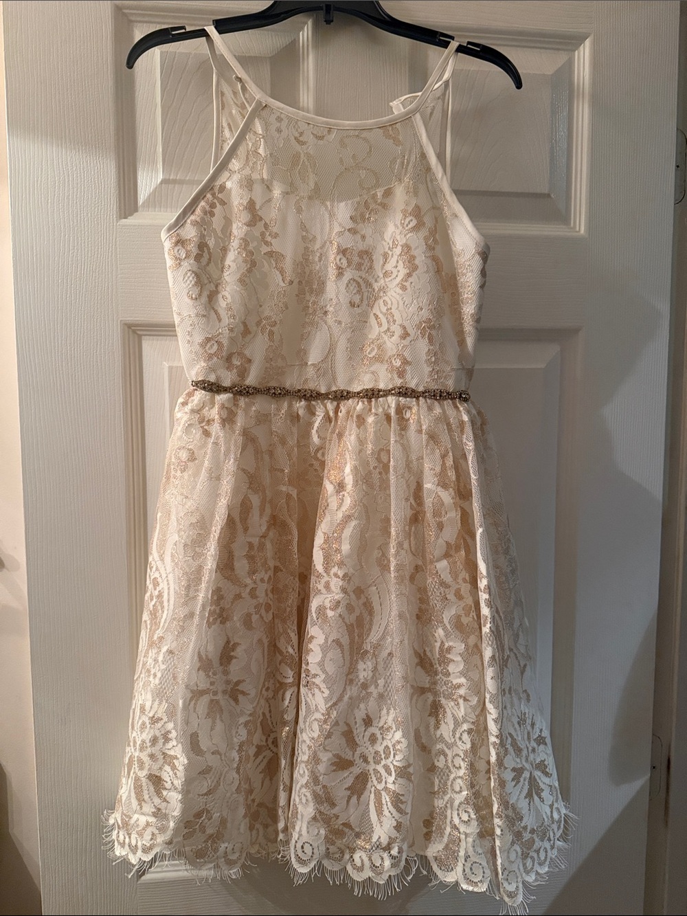 Rare Editions Ivory Lace Halter Dress with Gold Trim